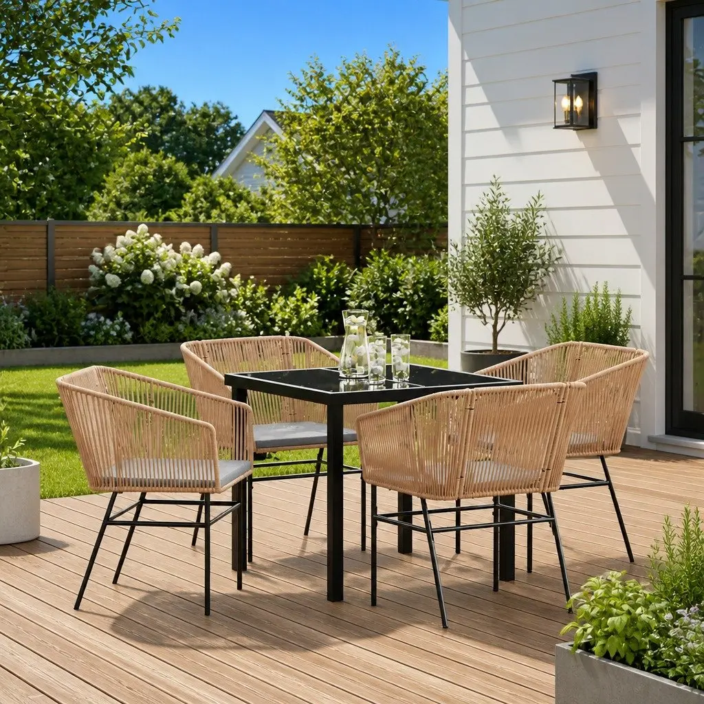 Outdoor Dining Set Powder-coated Steel Frame Tempered Glass 5 Piece Brown