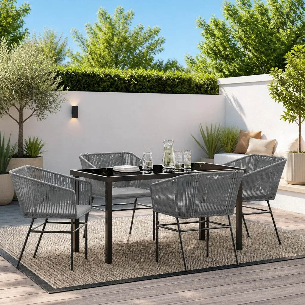 Garden Dining Set Grey Powder-coated Steel Tempered Glass 5 Piece Outdoor Furniture