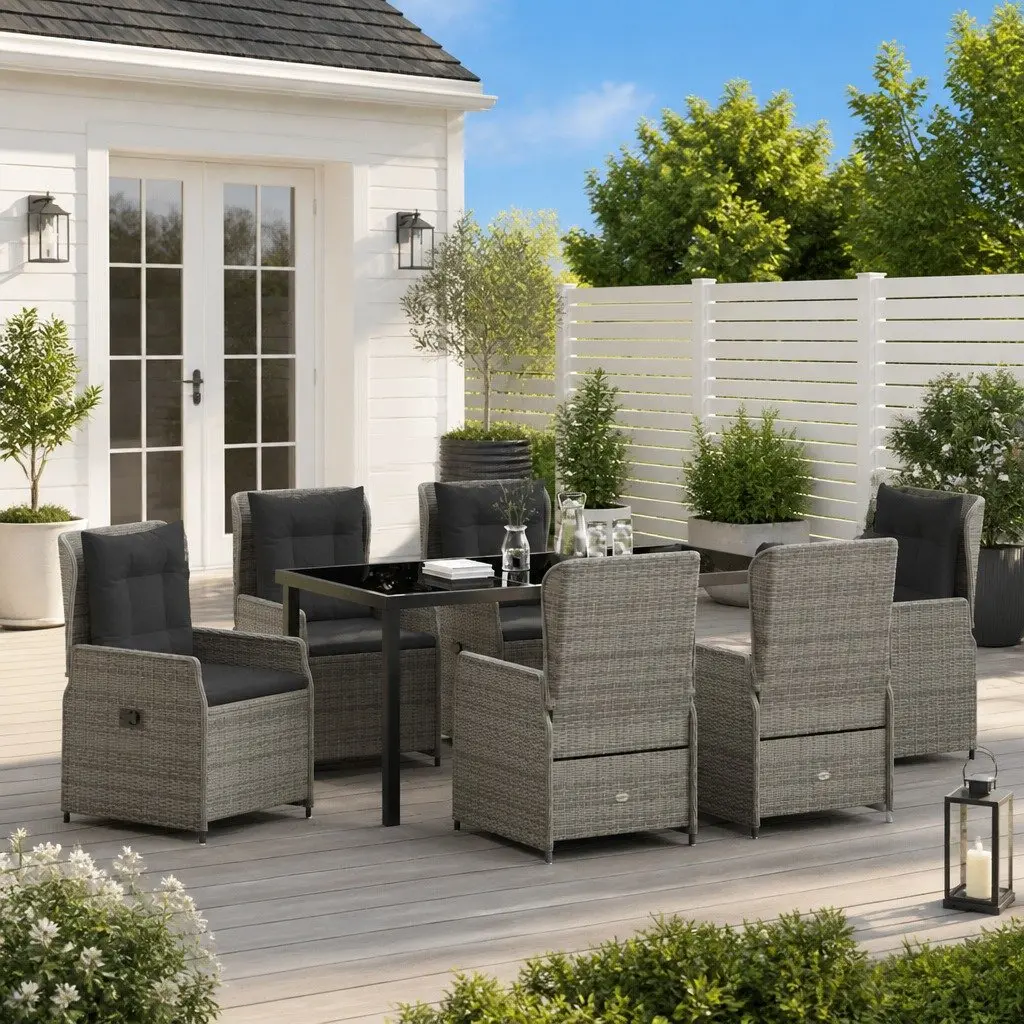 7-Piece Grey Poly Rattan Outdoor Dining Set