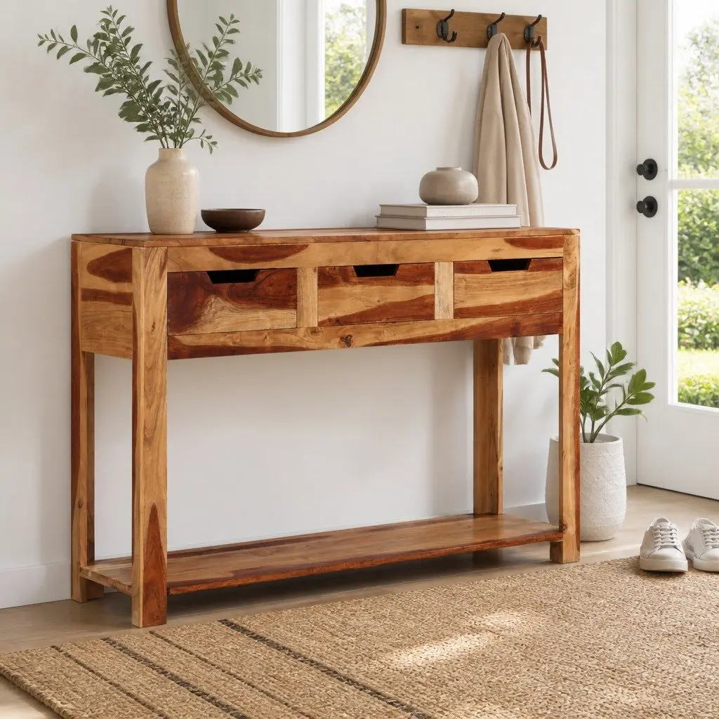 Solid Acacia Wooden Console Table with 3 Drawers