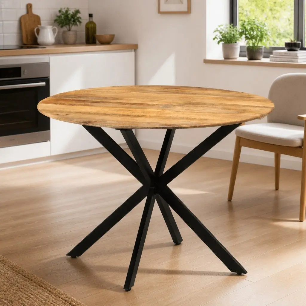 Round 110cm Dining Table with Solid Mango Wood and Steel Frame
