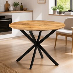 Dining Table Round 110cm Solid Wood Mango Steel Frame Kitchen Room Furniture