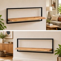Floating Wall Shelves 2 pcs Solid Acacia Wood Steel Frame