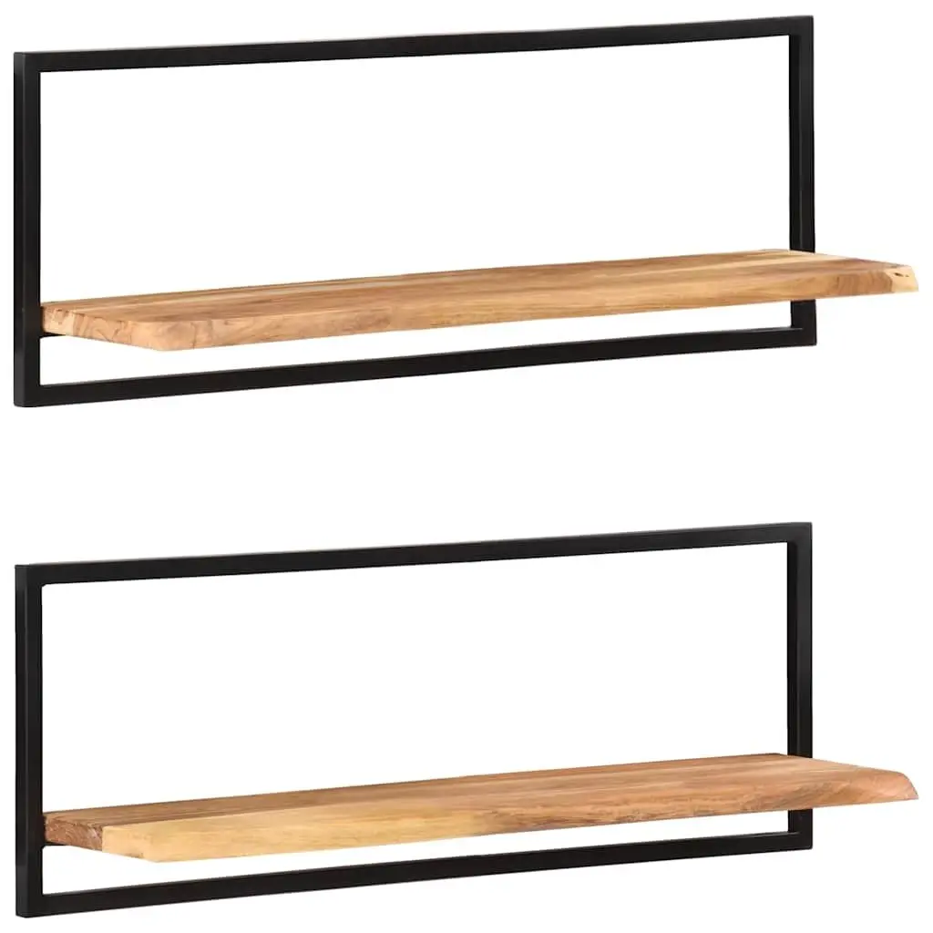 Floating Shelves Solid Acacia Wood Brown Steel Frame 2 Pieces