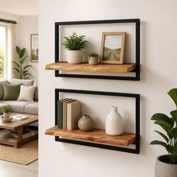 Brown Acacia Wooden Wall Shelves - Set of 2