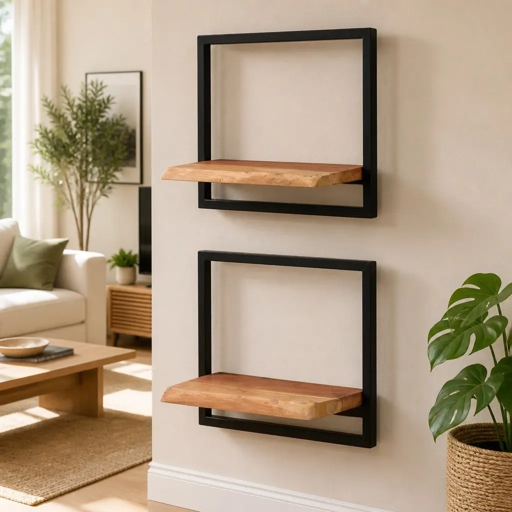 Wall Shelves 2 pcs Solid Wood Acacia Steel Frame Floating Display Shelving Brown