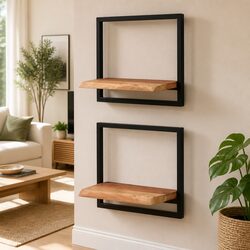 Floating Wall Shelves - Solid Wood Acacia with Steel Frame