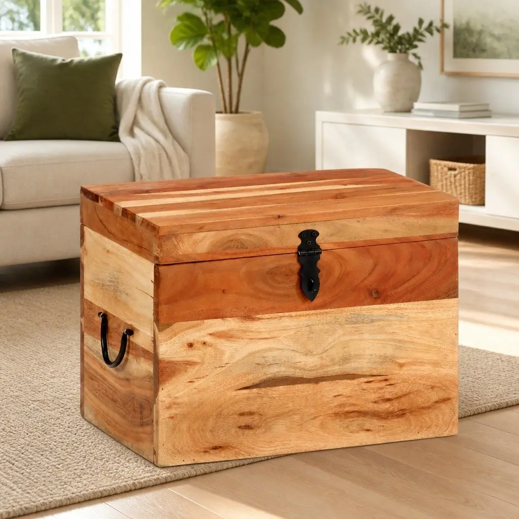 Acacia Wood Storage Box Brown 39x28x31cm Solid Antique Style Chest for Home Organization