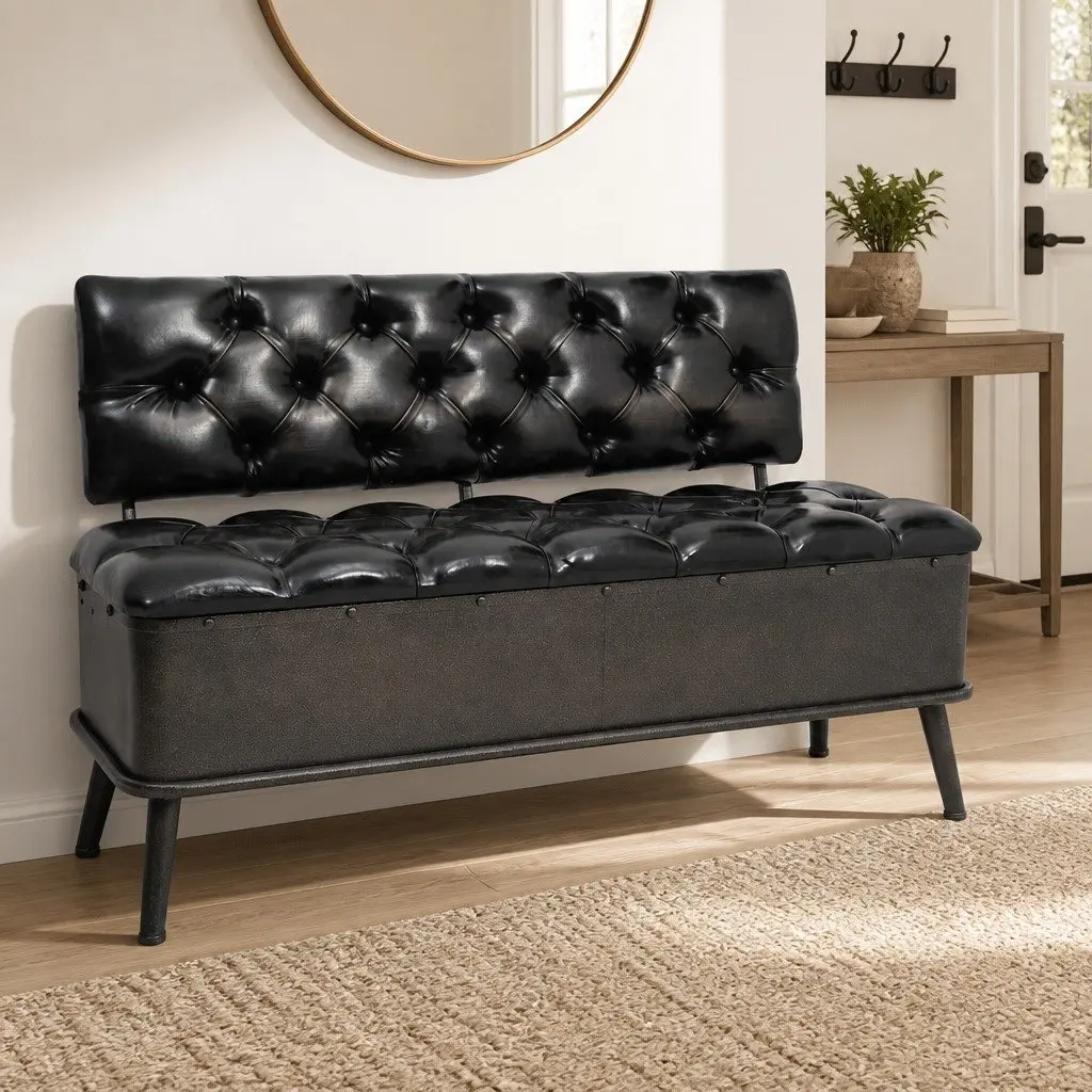 Black Faux Leather Storage Bench with Backrest 110cm