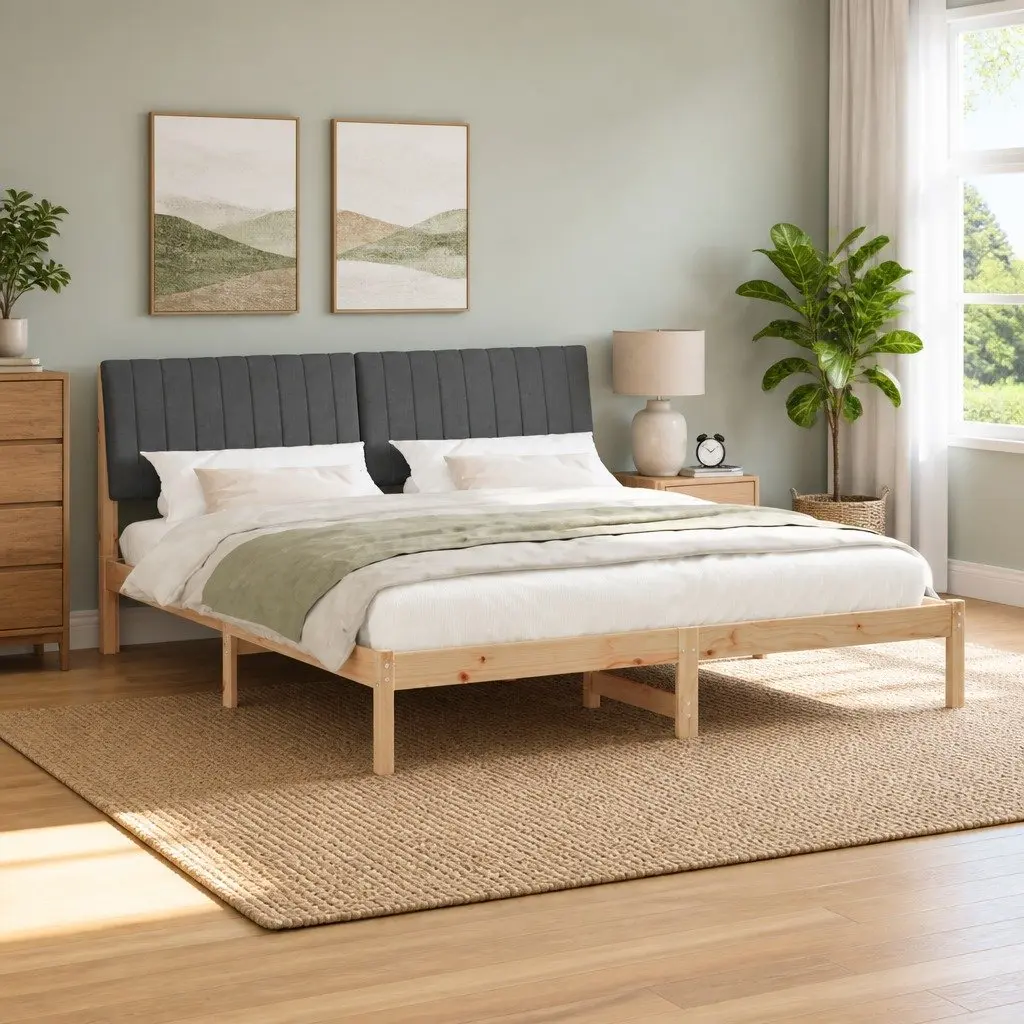 Solid Pine Wood Bed Frame with Upholstered Headboard 180 x 200 cm