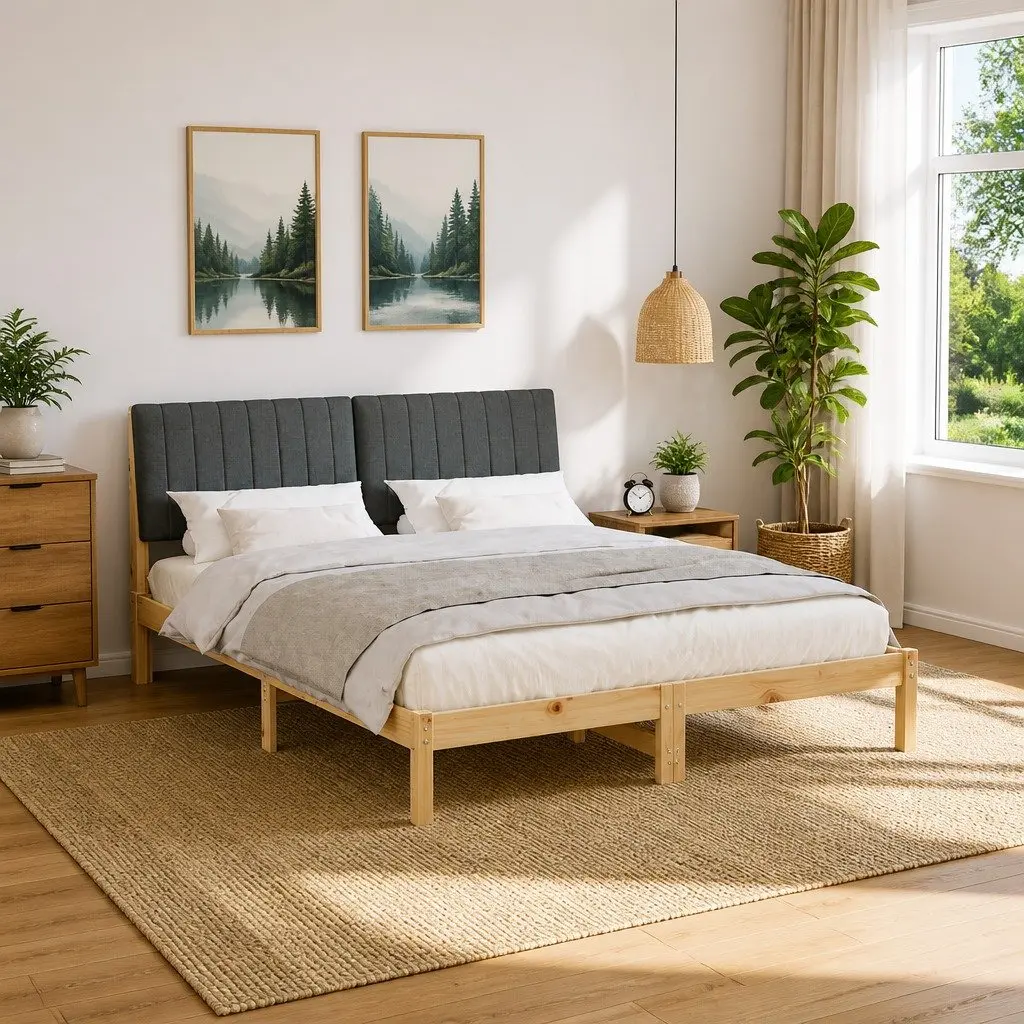 Brown Bed Frame with Upholstered Headboard 150 x 200 cm