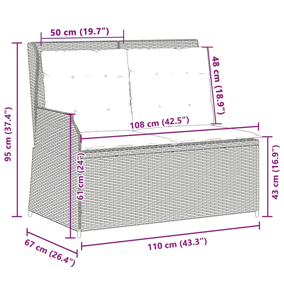 Grey Poly Rattan Garden Bench with Multi-Position Recline