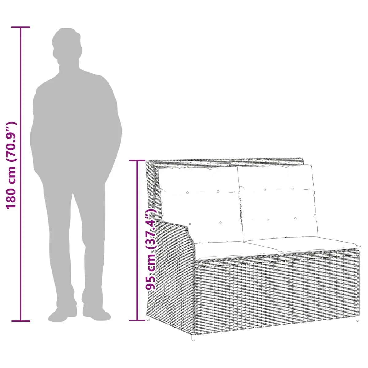 Grey Poly Rattan Garden Bench with Multi-Position Recline