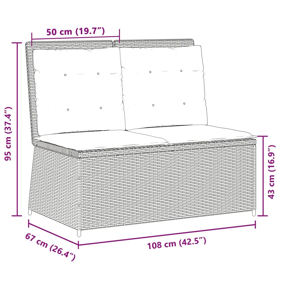 Grey Poly Rattan Garden Bench with Adjustable Backrest