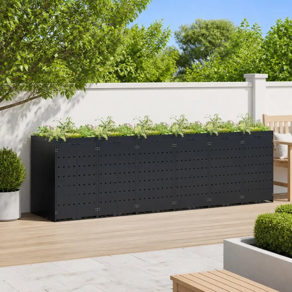 Black Steel Wheelie Bin Storage for 6 Bins with Planter Roof