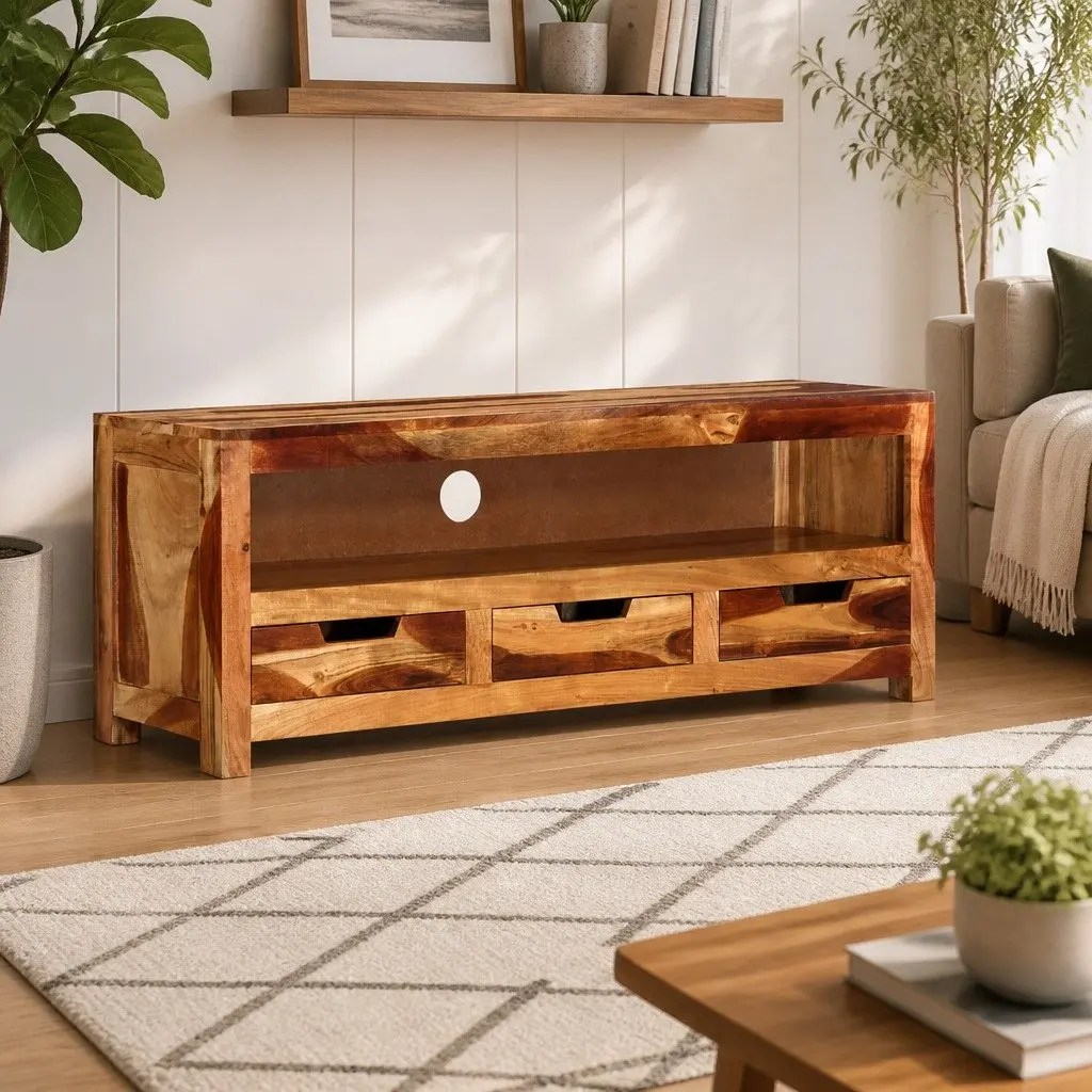 TV Cabinet Solid Acacia Wood 110cm Brown Entertainment Unit with Storage Drawers