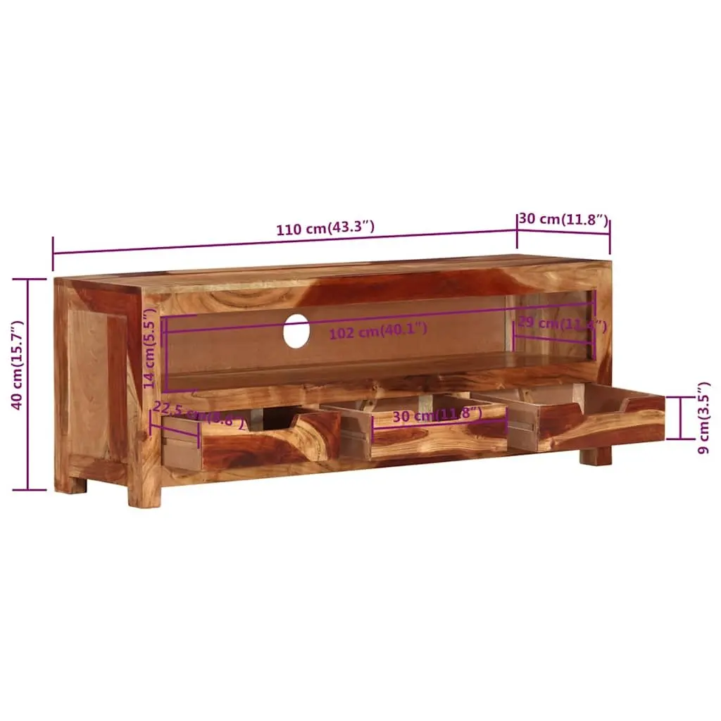 TV Cabinet Solid Acacia Wood 110cm Brown Entertainment Unit with Storage Drawers