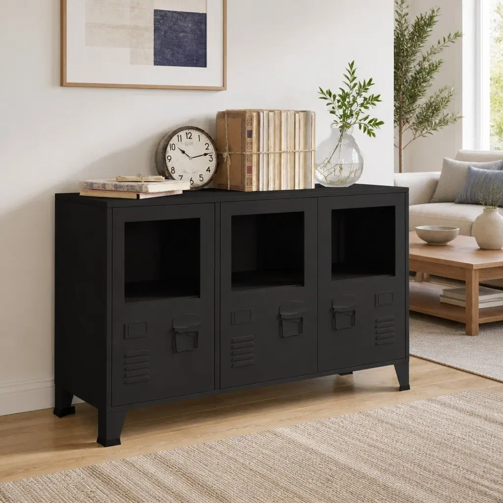 Black Glass Door Metal Sideboard Storage Unit 105x35x62