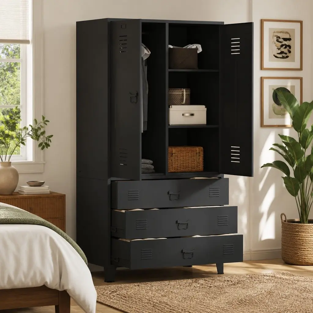 Industrial Metal Wardrobe Storage Cabinet Cupboard Black 90x50x180cm 2 Shelves