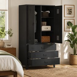 Heavy-Duty Metal Wardrobe Storage Cabinet Black 90x50x180cm
