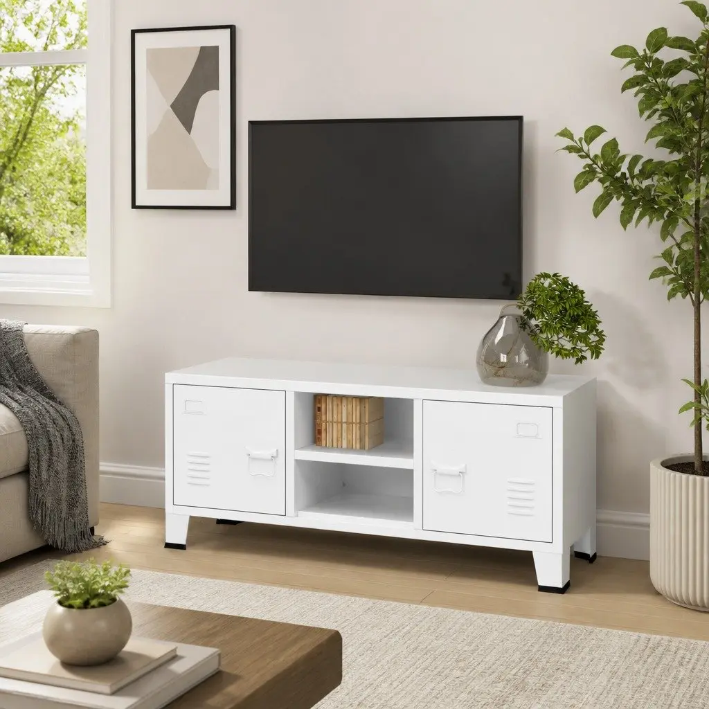 White Metal Industrial TV Cabinet with Doors