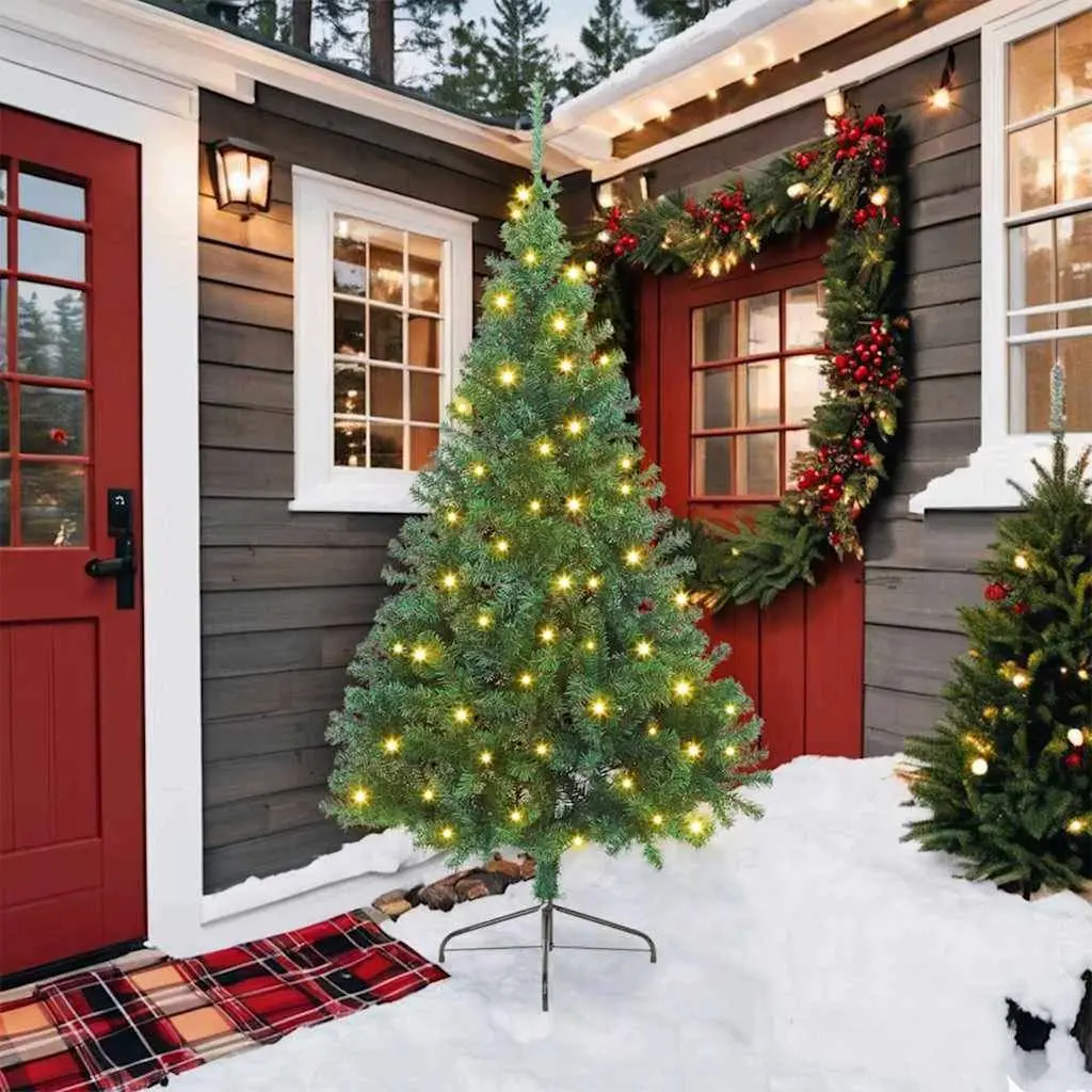 Artificial Christmas Tree PVC 210cm Green Pre-lit LED Lights Cone Shape Indoor