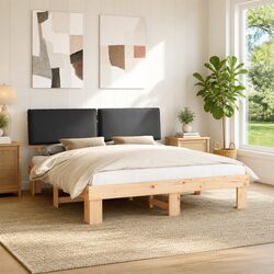 Sturdy Wooden Bed Frame with Grey Upholstered Headboard