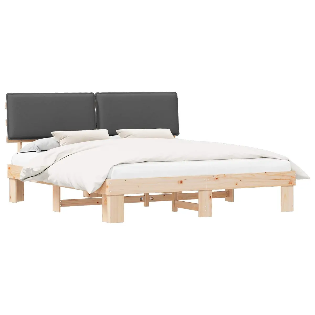 Wooden Bed Frame with Grey Upholstered Headboard