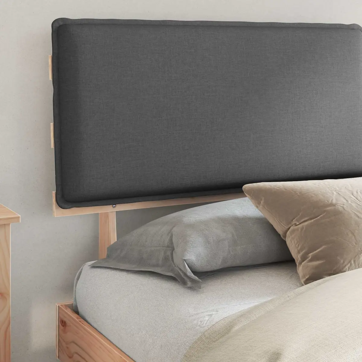Wooden Bed Frame with Grey Upholstered Headboard