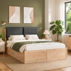 Grey Upholstered Bed Frame 150x200cm Modern Headboard Solid Pine Wood Platform