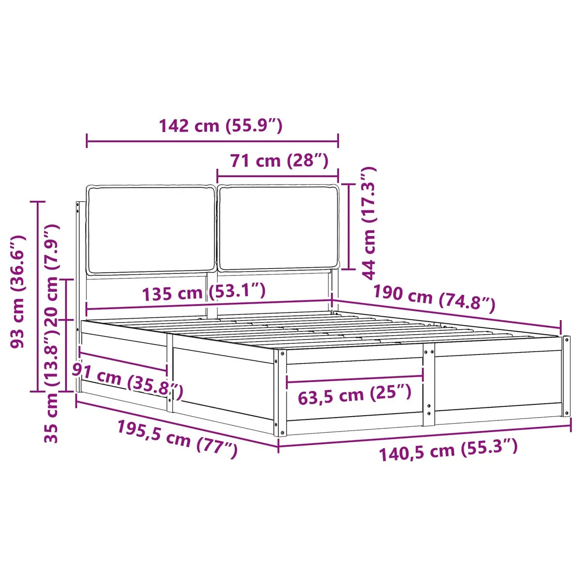 Grey Upholstered Bed Frame 135 x 190 cm