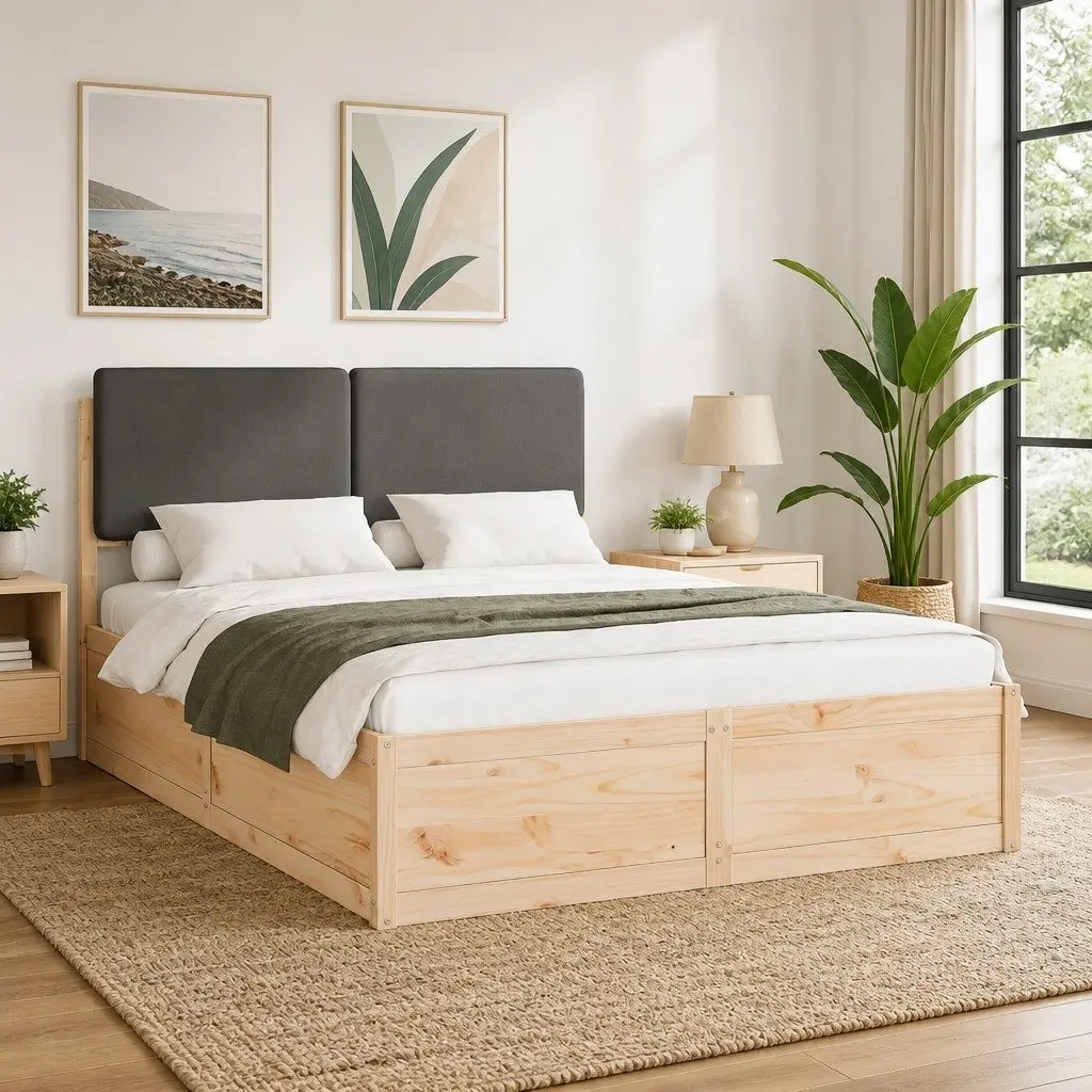 Wooden Bed Frame with Grey Upholstered Headboard