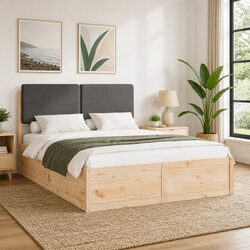 Bed Frame with Upholstered Headboard Grey 150 x 200 cm Wooden Platform Slats