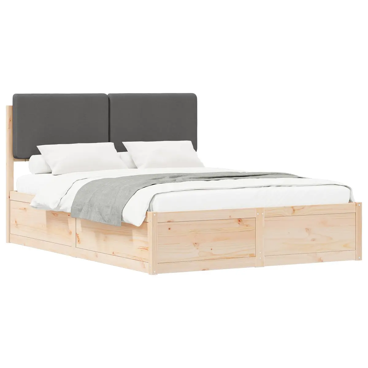 Wooden Bed Frame with Grey Upholstered Headboard