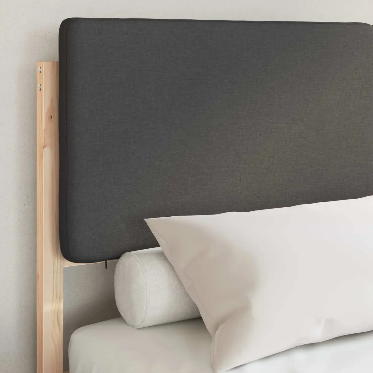 Wooden Bed Frame with Grey Upholstered Headboard