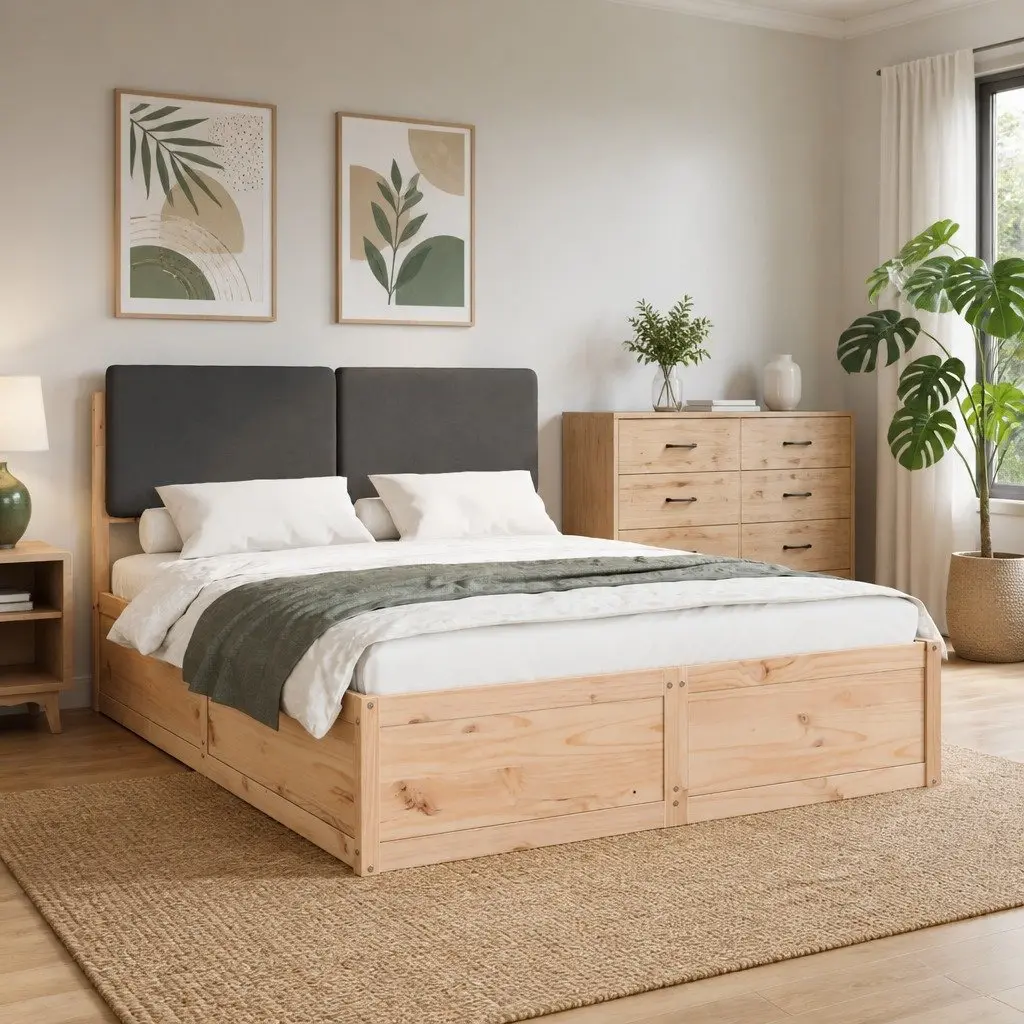 Bed Frame Solid Pine Wood Upholstered Headboard Grey 135 x 190 cm