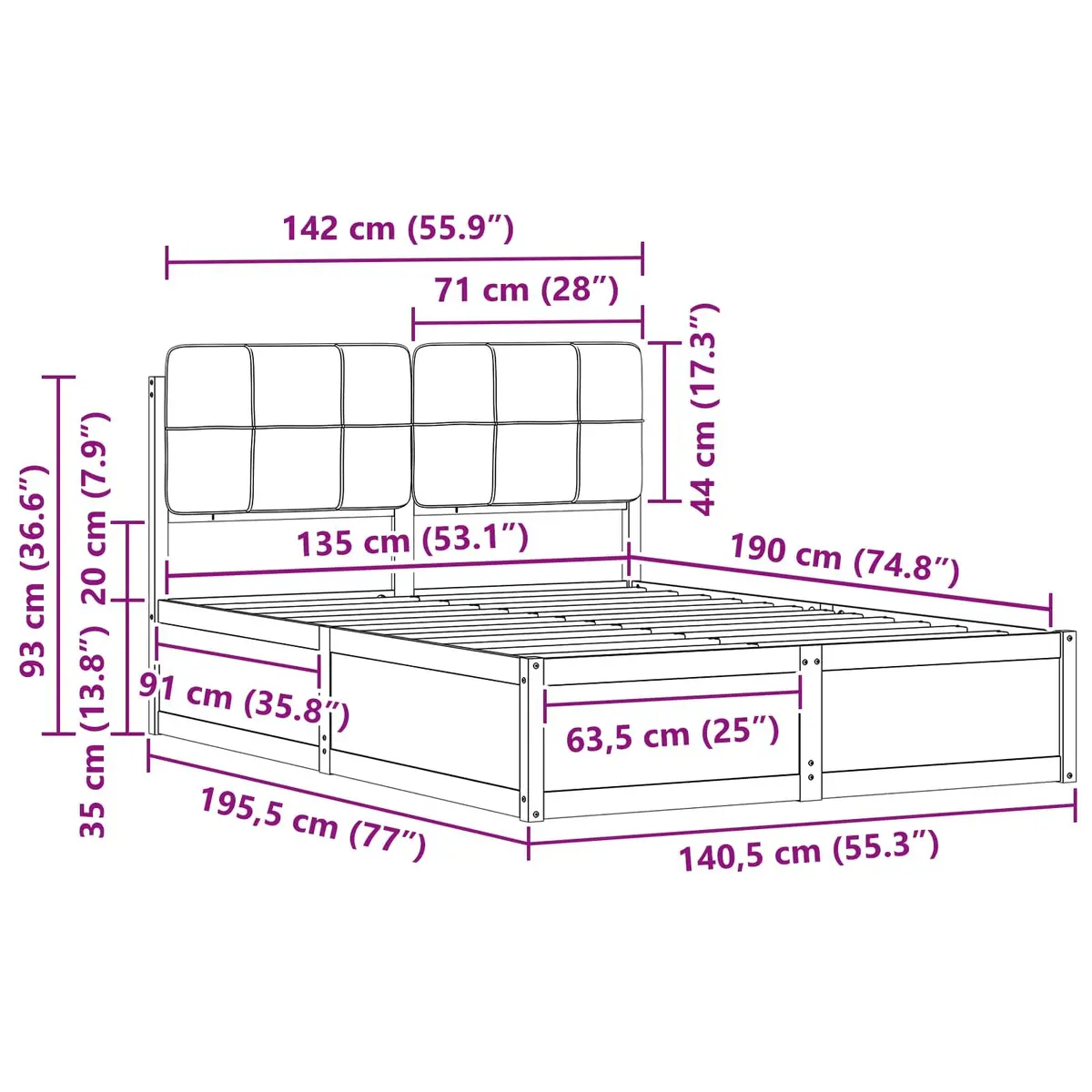 Grey Upholstered Bed Frame 135 x 190 cm