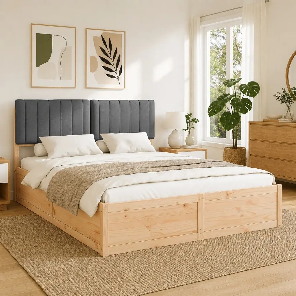 Wooden Bed Frame Solid Pine 150x200cm Upholstered Headboard Platform Slatted Base Grey