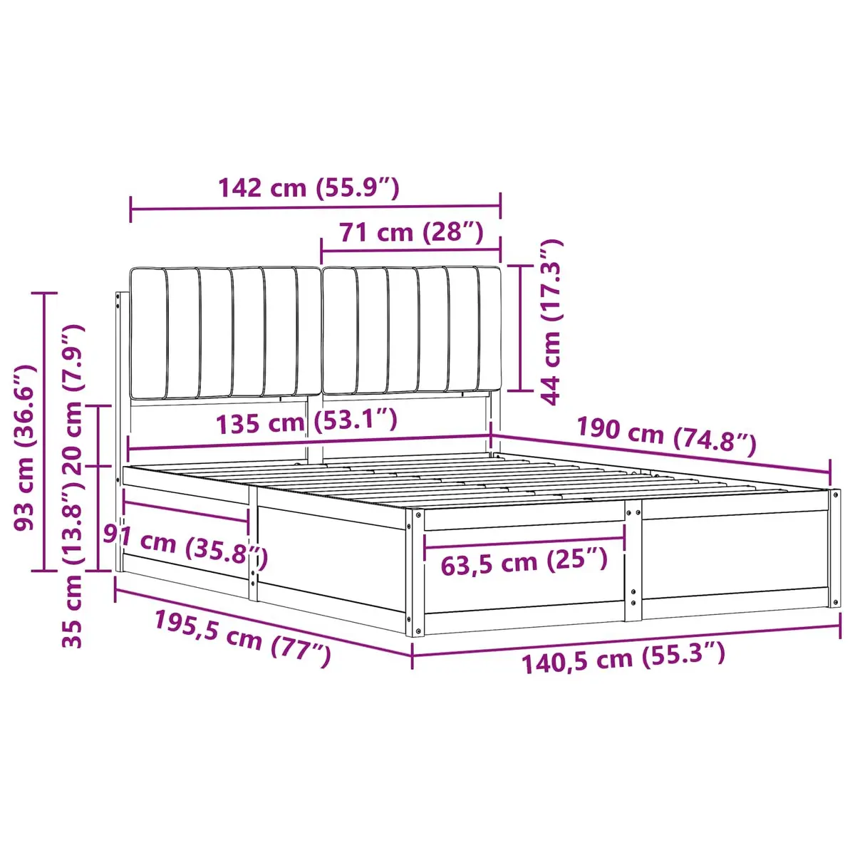Grey Upholstered Bed Frame 135 x 190 cm