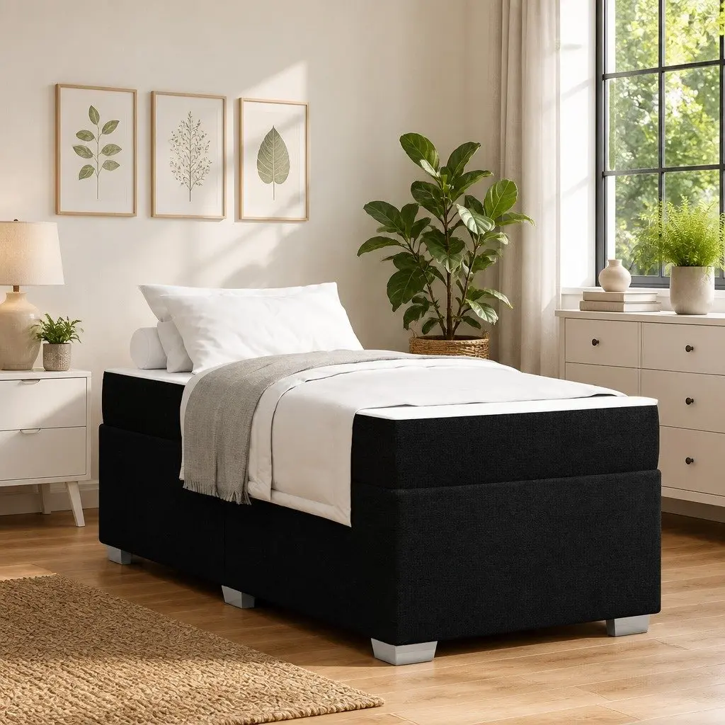 Black Bed Frame with Mattress 90 x 190 cm Fabric Modern Minimalist Design