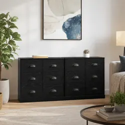 Set of 2 Black Engineered Wood Sideboards for Storage