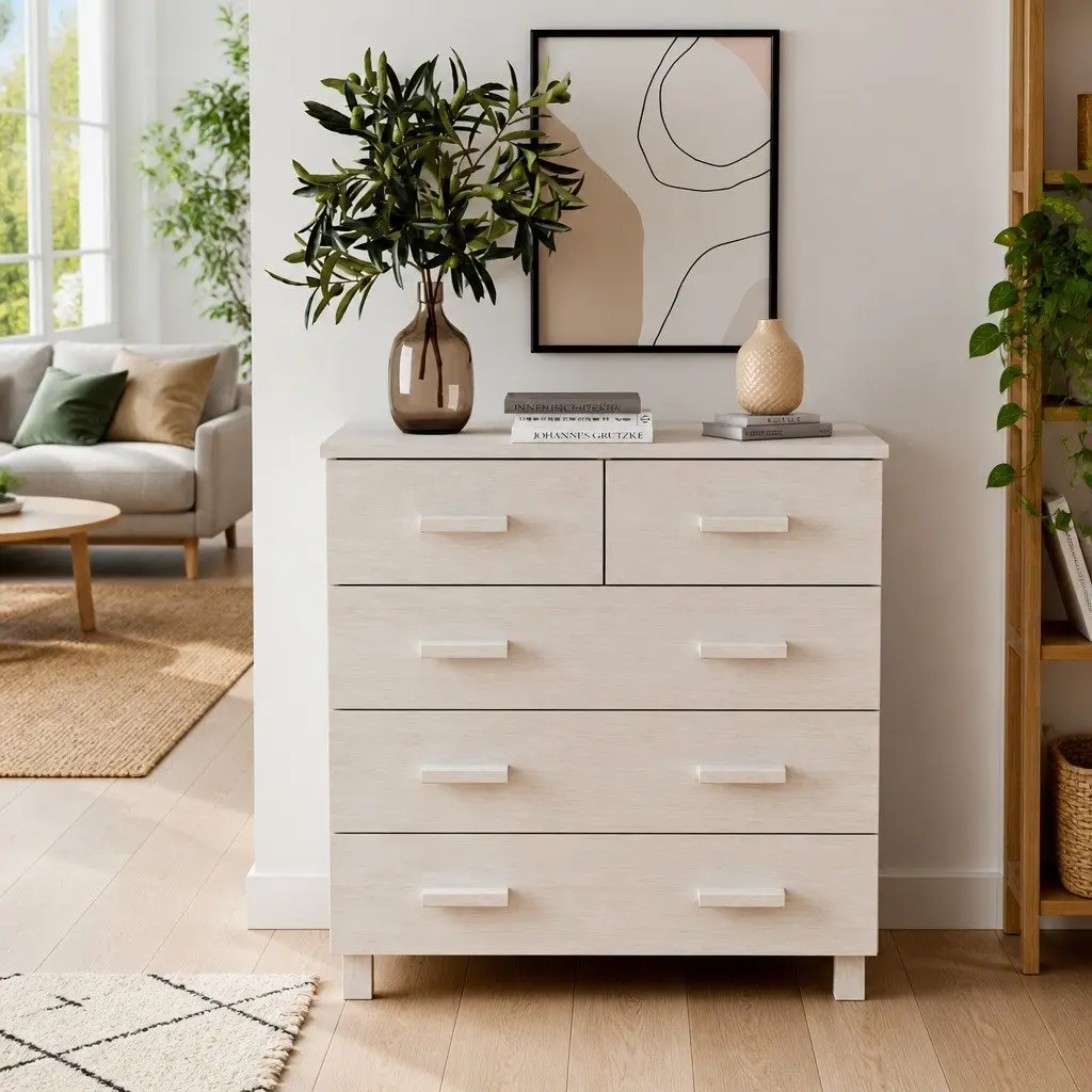 White Wooden Sideboard with 5 Drawers