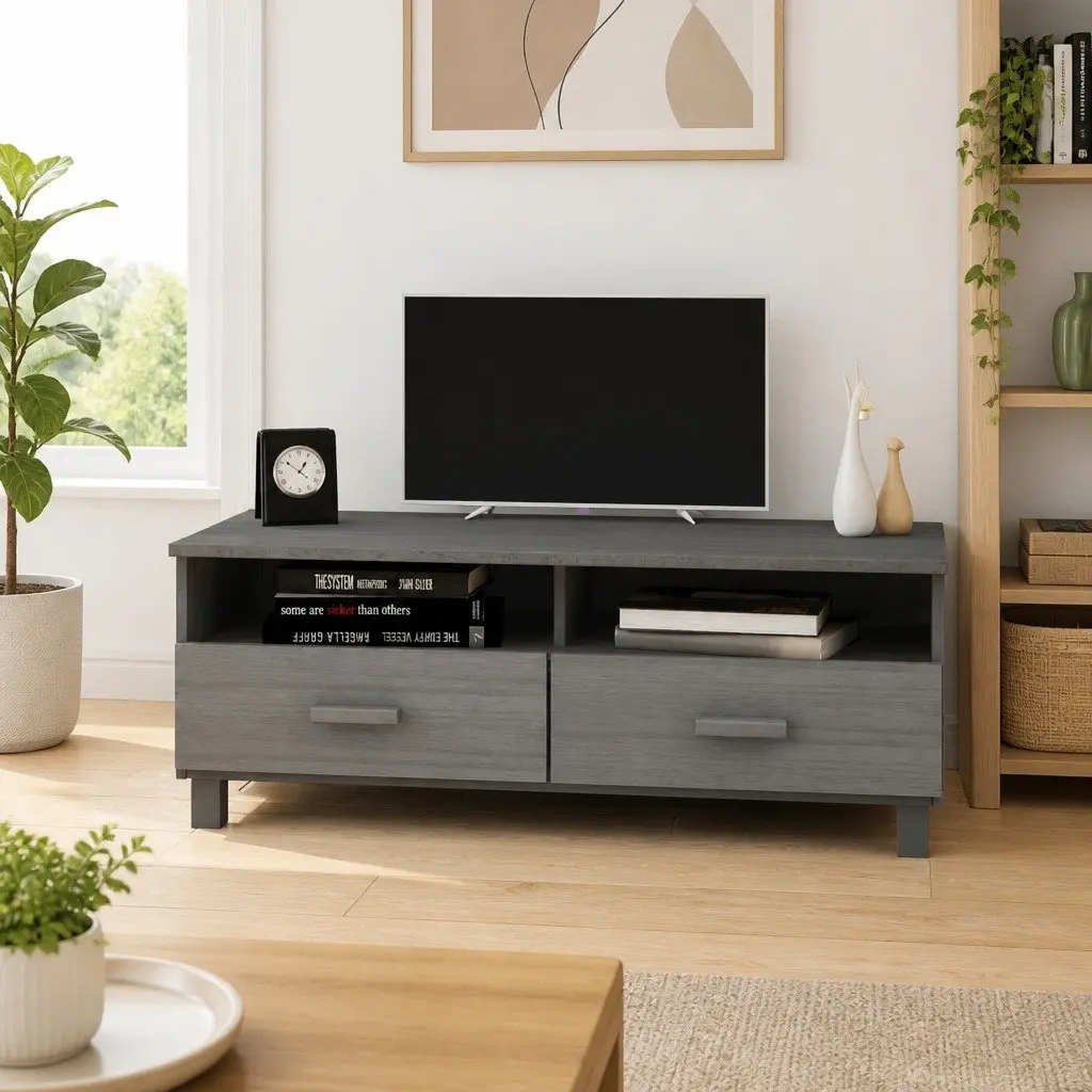 Grey Wooden TV Cabinet with Durable Sliding Drawers