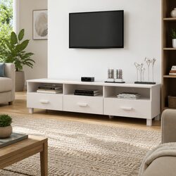 Elegant White TV Cabinet with 3 Drawers and Compartments