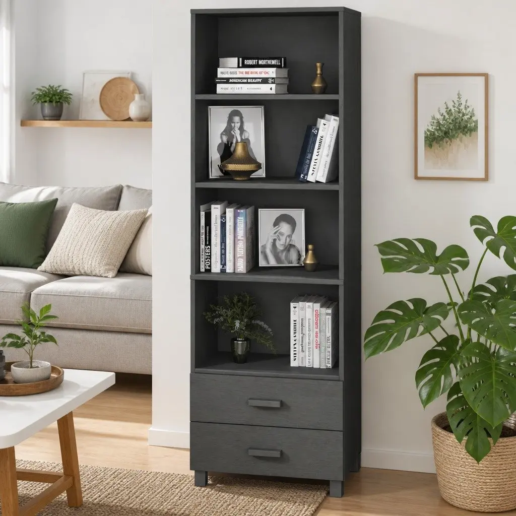 Grey Highboard Storage Cabinet with Solid Wood