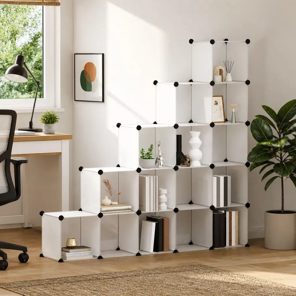 Modular Shelving Unit with 15 Transparent Cubes