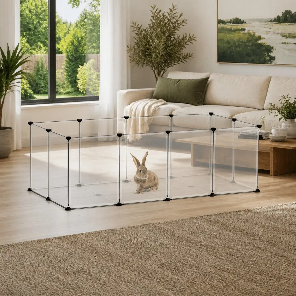 Small Animal Cage PP Plastic Steel Frame Enclosure 144 x 74 x 46.5 cm Transparent
