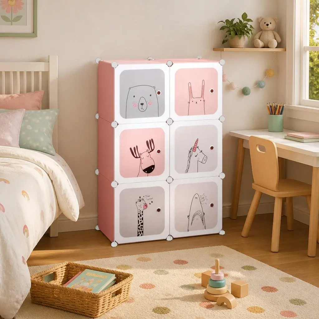Cube Storage Cabinet PP Plastic Steel Frame 6 Cubes Pink