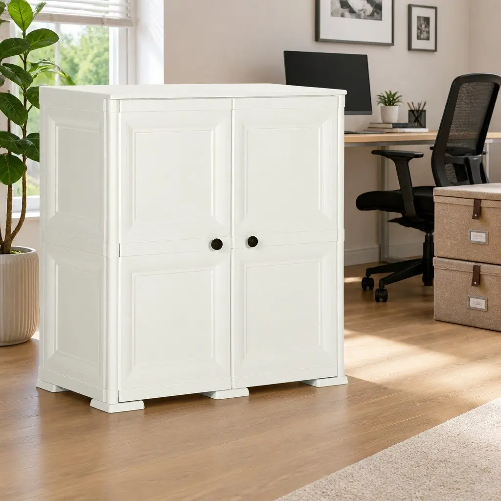 Plastic Storage Cabinet 79x43x85.5 cm Compact Home Organiser Cream Wood Design