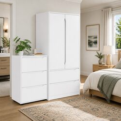 Durable White Wardrobe Cabinet with Drawer for Storage